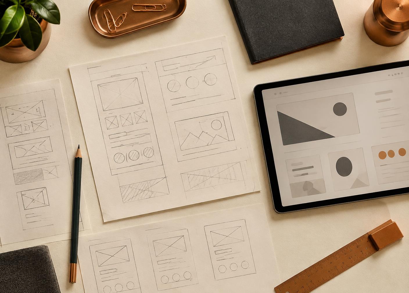 Paper wireframes and a tablet showing an interface layout on a desk