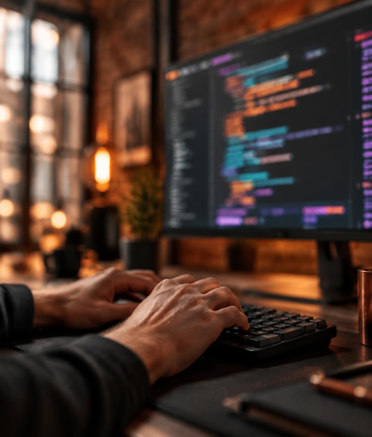 A developer typing code at a desk in a warmly lit studio