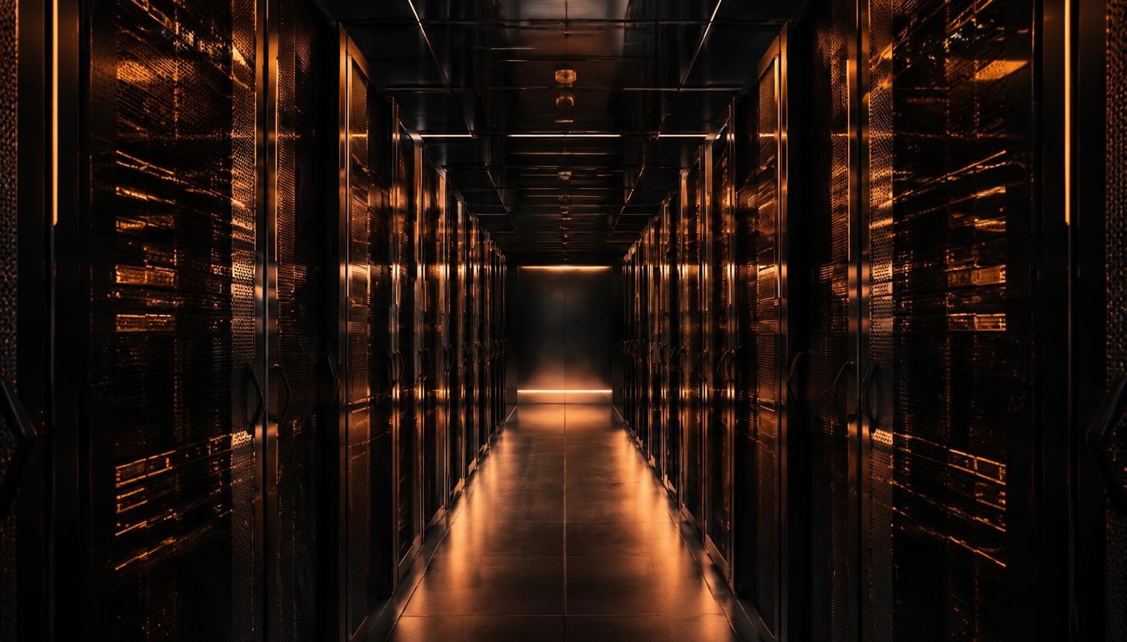 A server corridor illuminated by warm copper light
